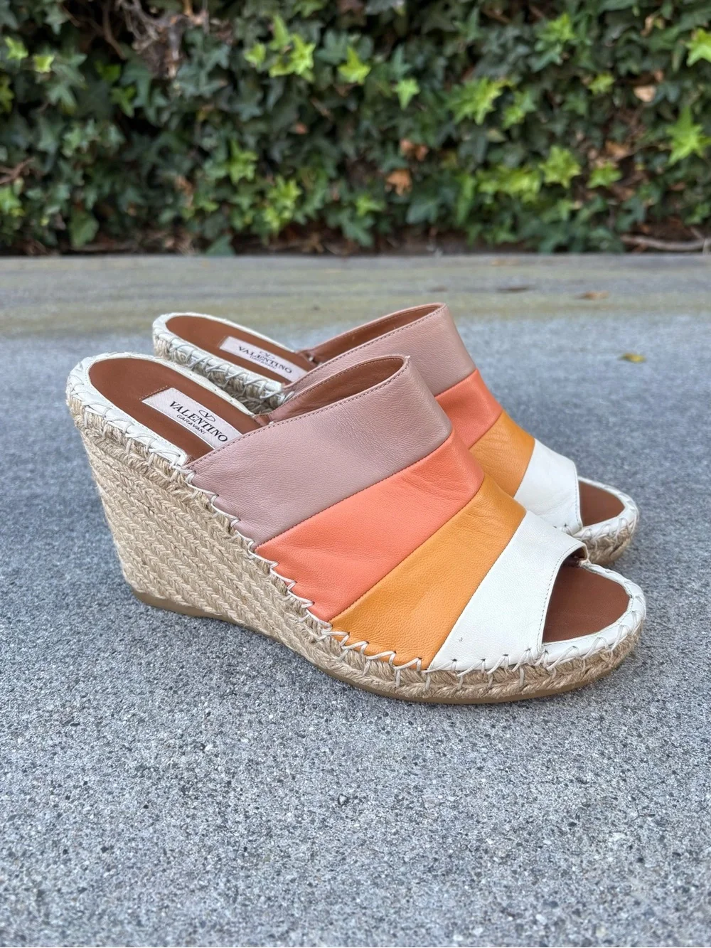 Valentino 1975 striped leather espadrille wedge sandals size 39